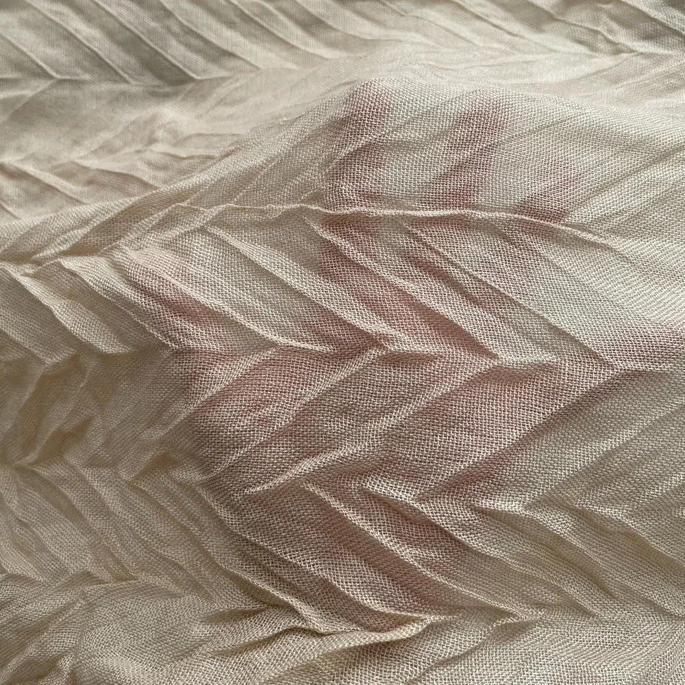Beige pleated textured acrylic semi sheer scarf with fringe trim, size 69»x15”